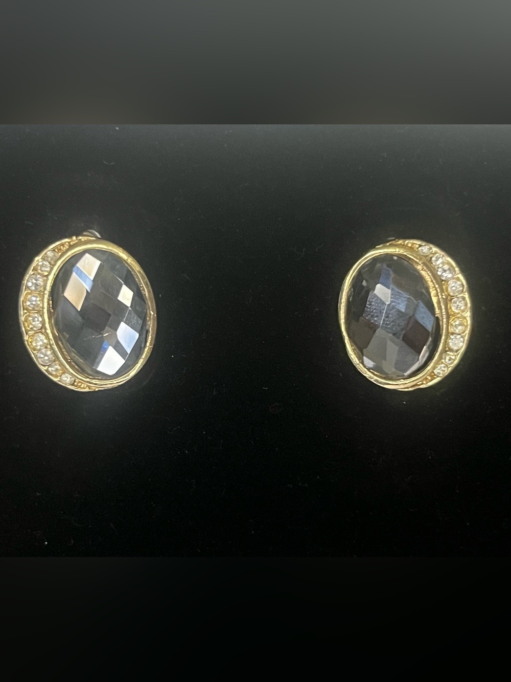 Gold-Plated Black Faceted Glass Stud Earrings